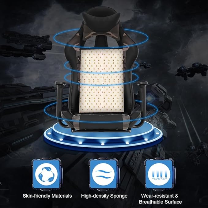 Computer Swivel Gaming Chair Video Game Chair PU Leather Executive Chair High Back Gaming Office Chair with Lumbar Support Adjustable Armrest Headrest Footrest for BoysGirlsCamo