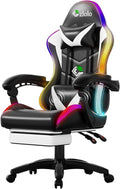 Gaming Chair RGB LED Lights Computer Chair with Footrest Lumbar Support Massager Gamer Chair High Back 90-135° Reclining Linkage Armrests White