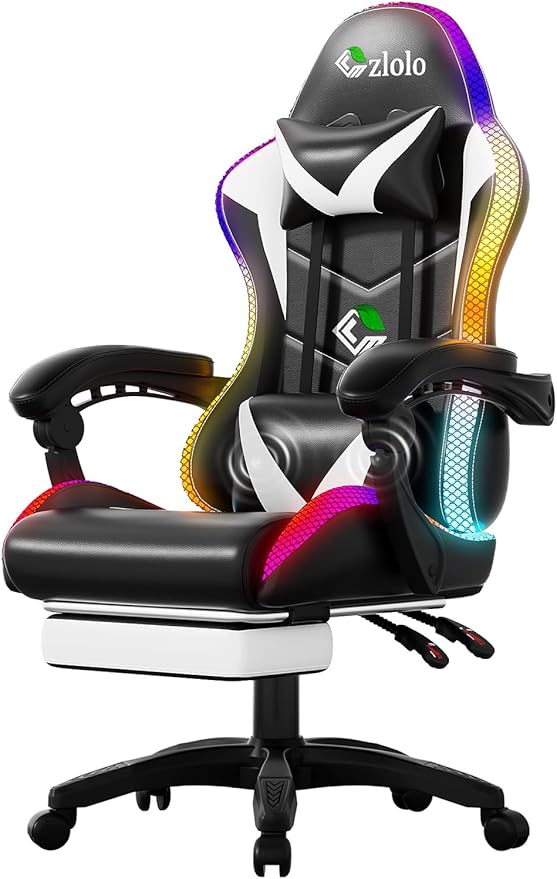 Gaming Chair RGB LED Lights Computer Chair with Footrest Lumbar Support Massager Gamer Chair High Back 90-135° Reclining Linkage Armrests White