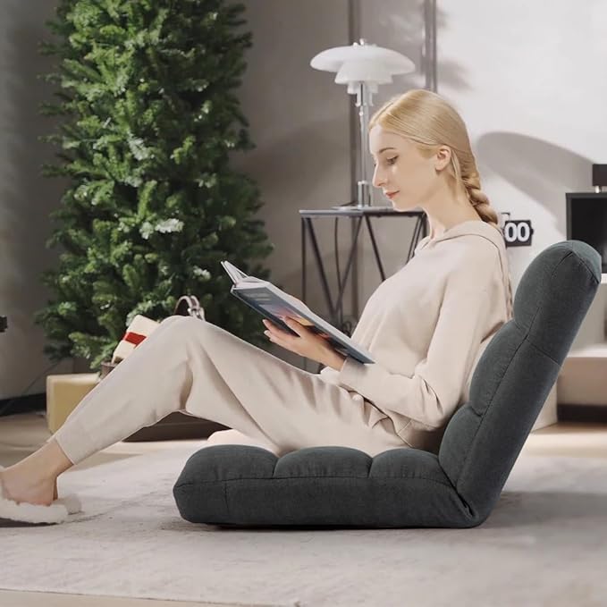 Floor Chair 24 inches Wide Oversized Velvet Armless Lay Flat Floor seat Padded Meditation Chair with 6 Adjustable Position Ergonomic Comfortable Convenient(LRSF-002-GREY)