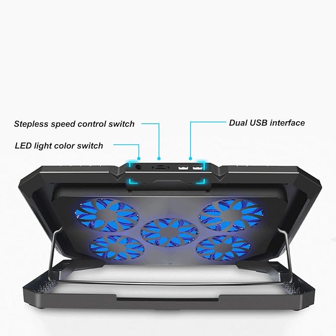 Notebook Cooler Cooling Pad with 5 Fans RGB Lights 7 Heights Plastic and Iron Material USB Powered for 13 17 Inch Laptops