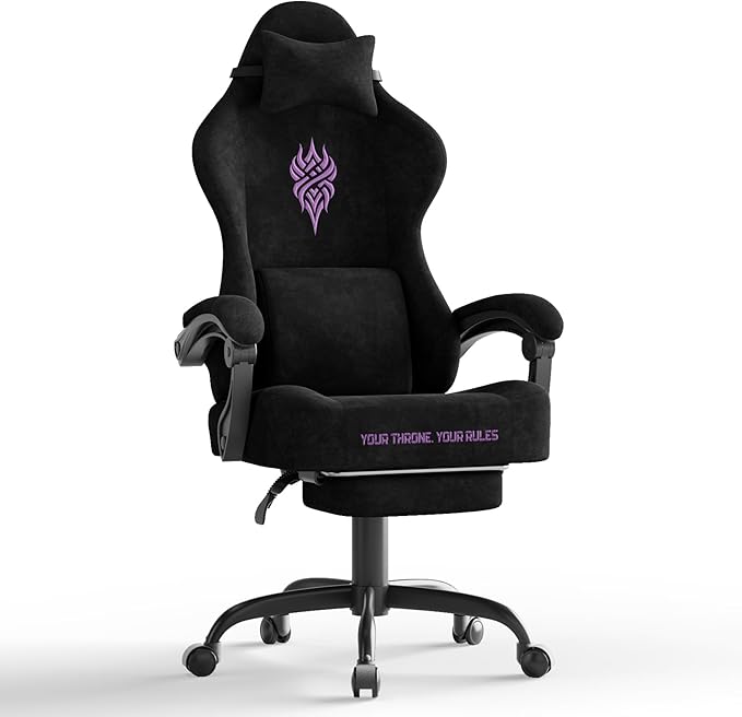 Soontrans Black Velvet Fabric Gaming Chairs with Footrest Ergonomic Comfortable Video Gamer Chair Reclining Office Computer Desk Game Chairs with Massage Lumbar CushionHeadrest for Adult