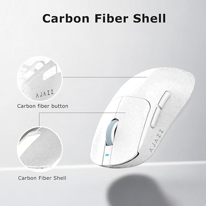 Ajazz AJ199 Wireless Gaming Mouse Carbon Fiber Shell Tri-Mode 2.4G/Bluetooth/USB-C 58g Ultra-Lightweight PAW3311 Sensor up to 24000 DPI 500mAh Battery for PC/Mac/Game/Travel White