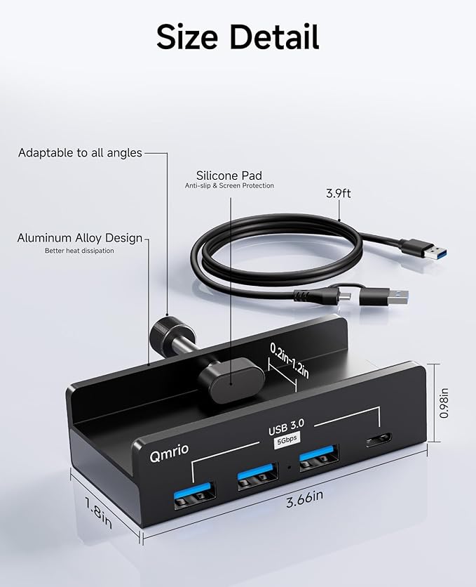 USB Hub 3.0 5Gbps Clamp USB Hub for Desk/Monitors with Extra Power Supply Port 3 USB-A Data Ports USB-C Data Port for iMac Pro/iMac (Black)