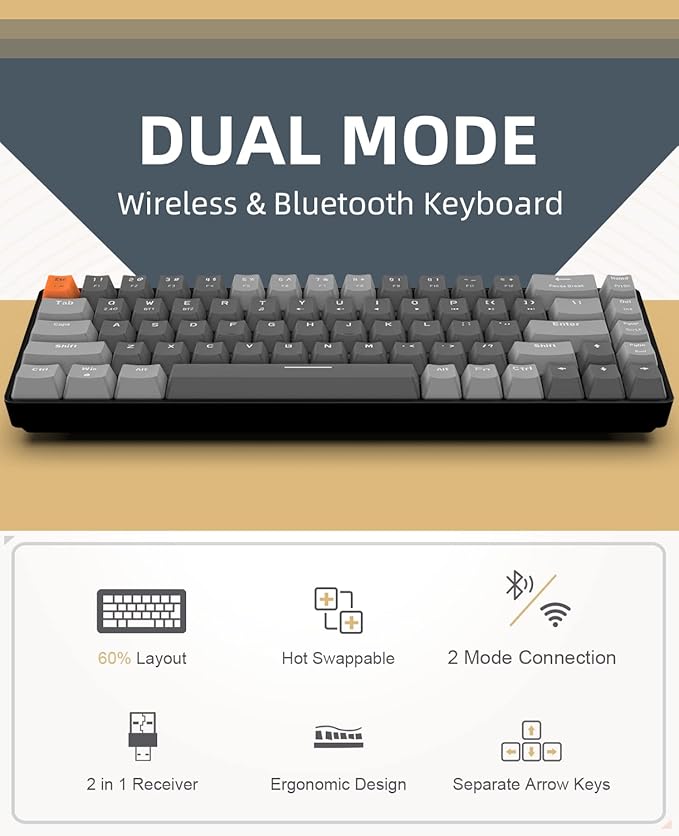 ZIYOU LANG RK68 60% Wireless Mechanical KeyboardBluetooth 5.0/2.4Ghz Dual Mode ReceiverHot-Swappable mini 68-KeyRetro Color KeycapsClicky Blue SwitchUltra Power Saving for PC PS4 Xbox iPhone ipad