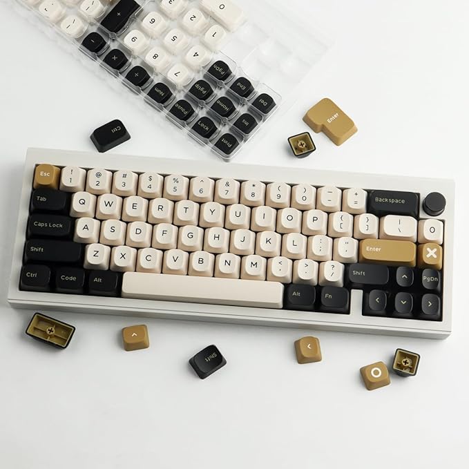Double Shot PBT Keycaps171 Keys YMK Profile Keycaps Classic Black &amp White Gold Custom Dye-Sub Retro Keycap Set for Cherry MX Switches ISO/ANSI UK Layout Mechanical Gaming Keyboard(Black White Gol