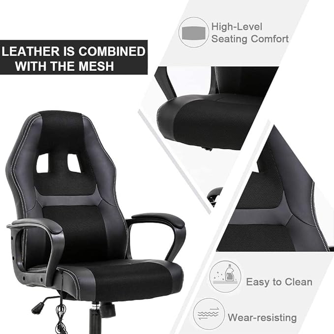 Racing Gaming Chair Ergonomic Video Game Chair with Massage Lumbar Support Headrest Armrest High-Back Adjustable PU Leather Rolling Swivel Computer Desk Chair for Home Office (Black)