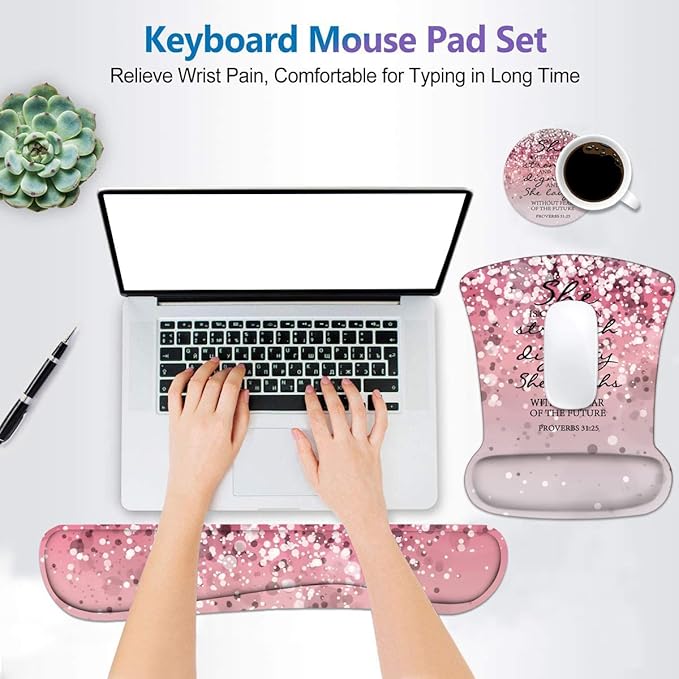 Keyboard Wrist Rest and Mouse Wrist Rest Pad Set with Coasters Ergonomic Support Non-Slip PU Base Easy Typing &amp Relieve Wrist Pain for Home Office Working Studying Pink Bible Verse Proverbs 31