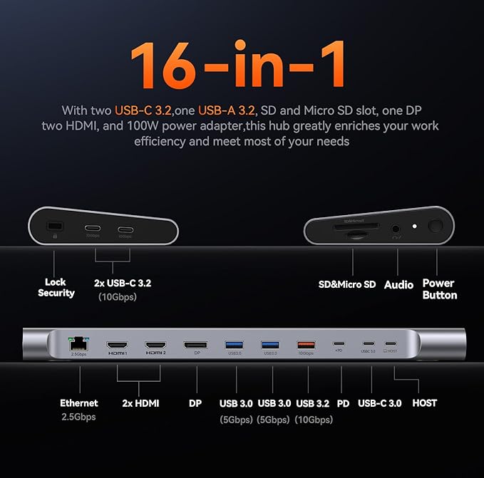 TobenONE 16-in-1 USB-C Docking Station 3 Monitors &amp Dual Monitor2 HDMI+DP+6 USB Ports for Office &amp Home UseCapable of 100W Power Supply &amp 2.5Gbps Ethernet Used with Dell/HP/Lenovo