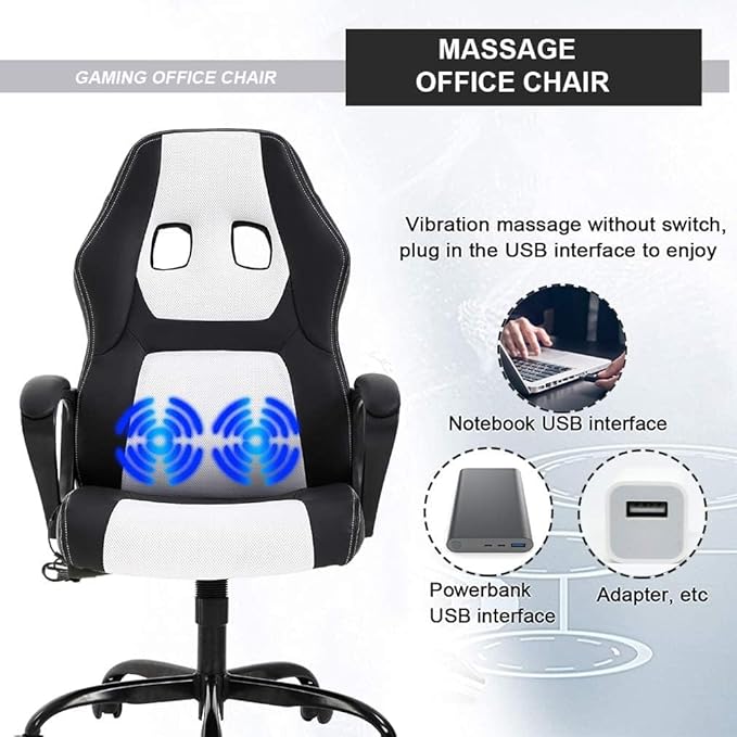 White Gaming Chair Ergonomic Video Game Chair with Massage Lumbar Support Headrest Armrest High-Back Adjustable PU Leather Rolling Swivel Computer Desk Chair for Home Office (White)