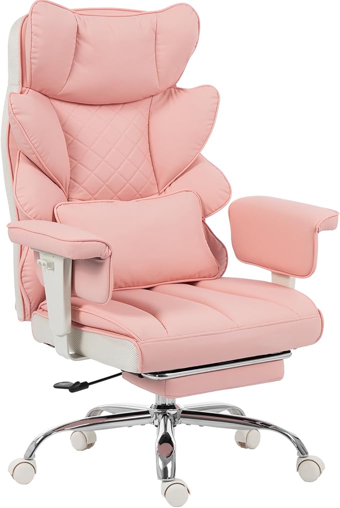 Dowinx Big and Tall Office Chair with Pocket Springs CushionHigh Back Computer Gaming Chairs with Adjustable ArmrestsExecutive Desk Chairs with Lumbar Support and FootrestPU Leather-Pink
