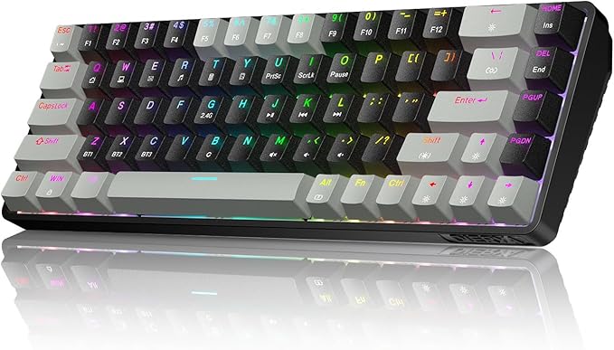 DIERYA DK68 60% Wireless Mechanical Gaming Keyboard 3 Modes Bluetooth/2.4GHz/USB-C with Red Linear Switch RGB Backlit Anti-Ghosting 68-Key Compact mini keyboard for Windows/macOS/Linux- Grey/Black
