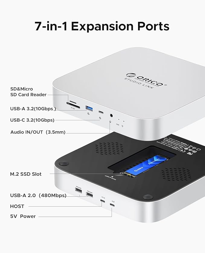 ORICO StudioLink Mac mini Hub with SSD Enclosure &amp 7-in-1 Ports | NVMe/SATA M.2 SSD Dock for Mac mini M1/M2/Mac Studio | 10Gbps USB-C SD/TF Card Reader 3.5mm Audio Aluminum Alloy