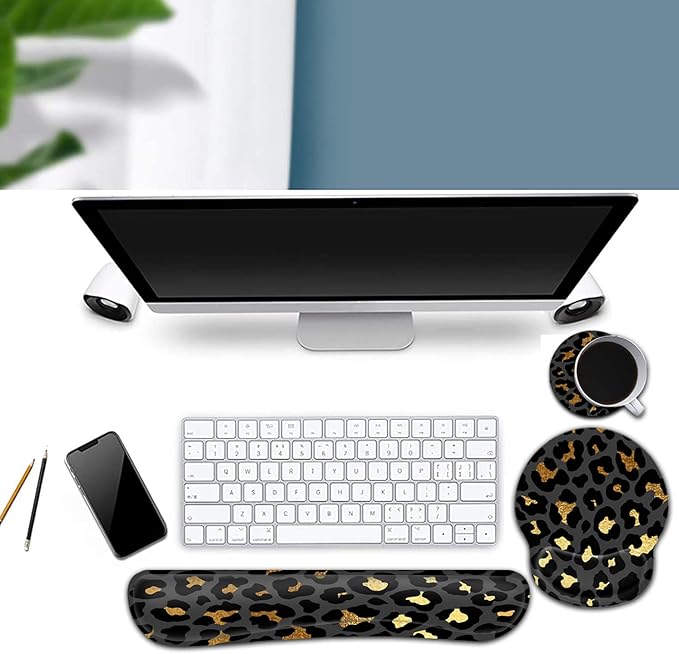 Ergonomic Mouse Pad Gel Wrist Support and Memory Foam Keyboard Wrist Rest Set for Gaming Computer Office Laptop Easy Typing Wireless Mouse Mat Funy Gold &amp Black Leopard Print Office Desk Pad