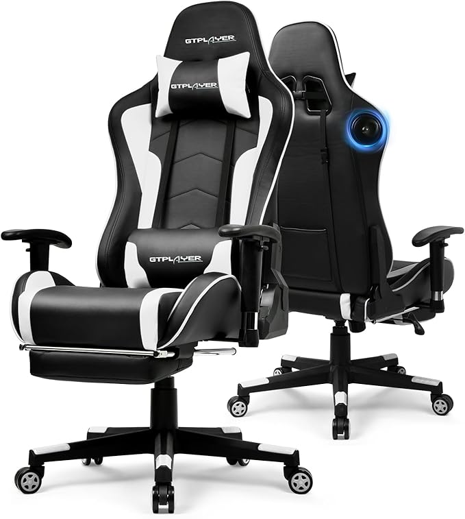GTPLAYER Gaming ChairGamer Chair with Bluetooth and Adjustable BackrestSeat Height Adjustable Computer Chairs with 3D ArmrestsVideo Game Chair with Footrest Speakers (White)
