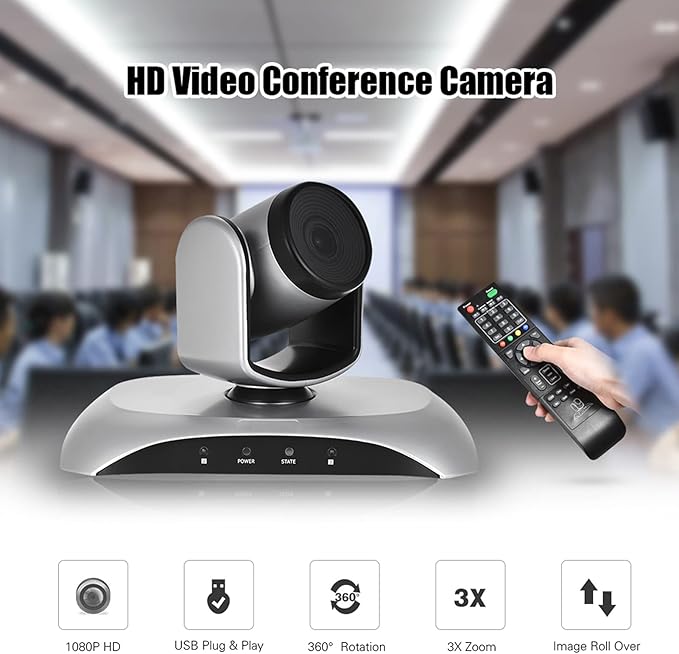 1080P HD Conference Camera USB Plug &amp Play 3X Zoom 360° Rotation with Remote Control Power Adapter for Video Meetings Training Teaching