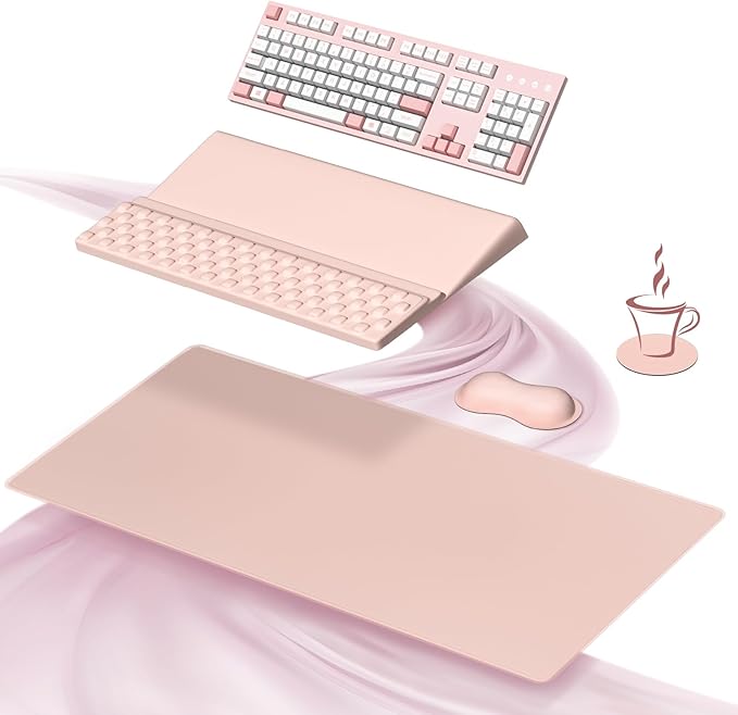 Ospelelf Keyboard Stand Wrist Rest Pad and Ergonomic Mouse Pad Set with Large Mousepad Desk Mat Memory Foam Comfort Premium Office Desk Accessories for Pain Relief and Efficiency Pink