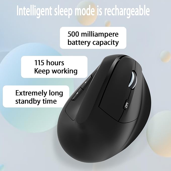 Black Ergonomic Wireless Vertical Mouse - Rechargeable 3200DPI 6 Buttons for Wrist Pain &amp Carpal Tunnel Relief
