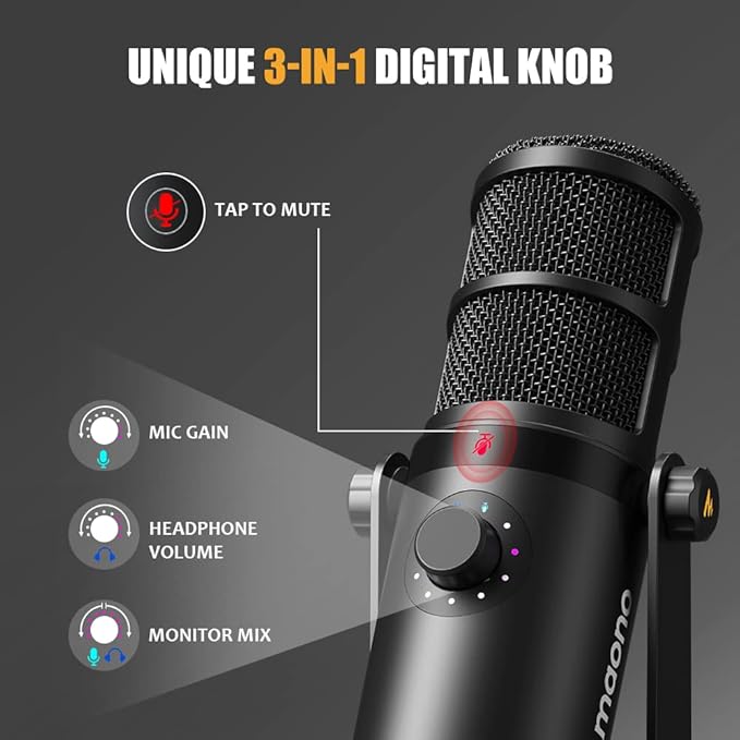 MAONO PD400X Podcast Dynamic Microphone with AU-MH601 Studio Monitor Headphones Bundle for Podcast Studio Streaming Recording Vocal