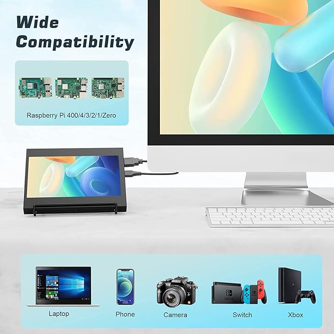 PONPY 7 Raspberry Pi Touchscreen Monitor USB/HDMI Portable Monitor Capacitive Pi Display for PC Phones Raspberry Pi 4B 3B+ 3B 3A+ 2B B+