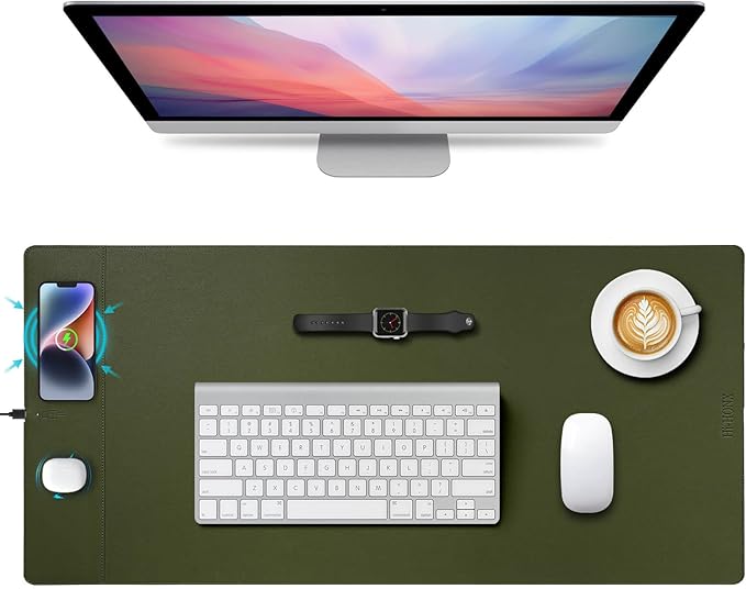 Wireless Charging Mouse Pad 15W Fast Charge Magnetic Charger Desk Pad Large Office Desk Mat (35.4x16.9) with Ultra-Smooth Surface Military Green Computer Mousepad for MacBook PC Laptop