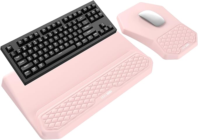 3-in-1 Ergonomic Keyboard Stand with Wrist Rest &amp Mouse Pad Set Comfy Keyboard Riser Holder Soft Mousepad with Massage Design Memory Foam and Non-Slip PU Base for Pain Relief Pink