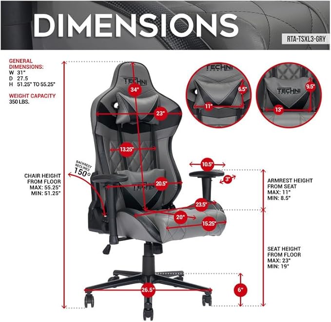 Maykoosh Gaming Chair XL Ergonomic - Adjustable Height Recline &amp Memory Foam - Grey