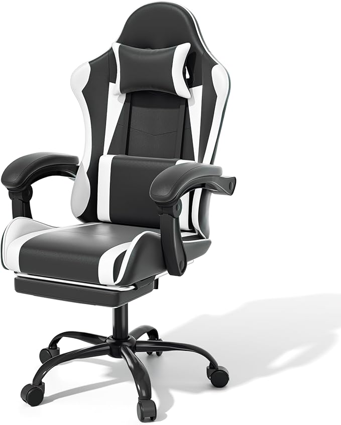 MoNiBloom Gaming Chair with Headrest &amp Lumbar Support Ergonomic Computer Racing Chair with Footrest Adjustable Hight Leather Swivel Computer Chair for Adult Teen Office or Gaming White