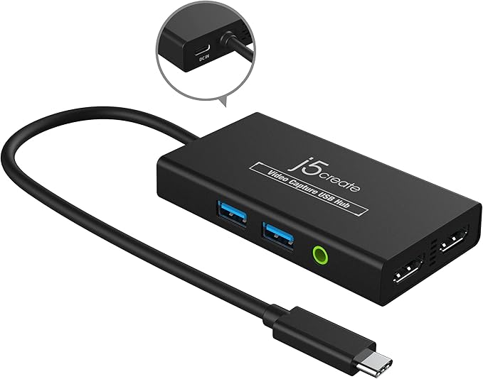 j5create Video Capture Card with PD 60W Pass-Through Charging Built-in Multi-Function hub Suitable for Streaming Live Broadcasting Video Conference Teaching Gaming (JVA01)