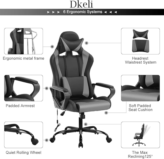Dkeli PC Gaming Chair Office Chair Racing Desk Chair with Lumbar Support Arms Headrest Massage High Back PU Leather Ergonomic Computer Chair Rolling Adjustable Swivel Chair for Women Men Adult Grey