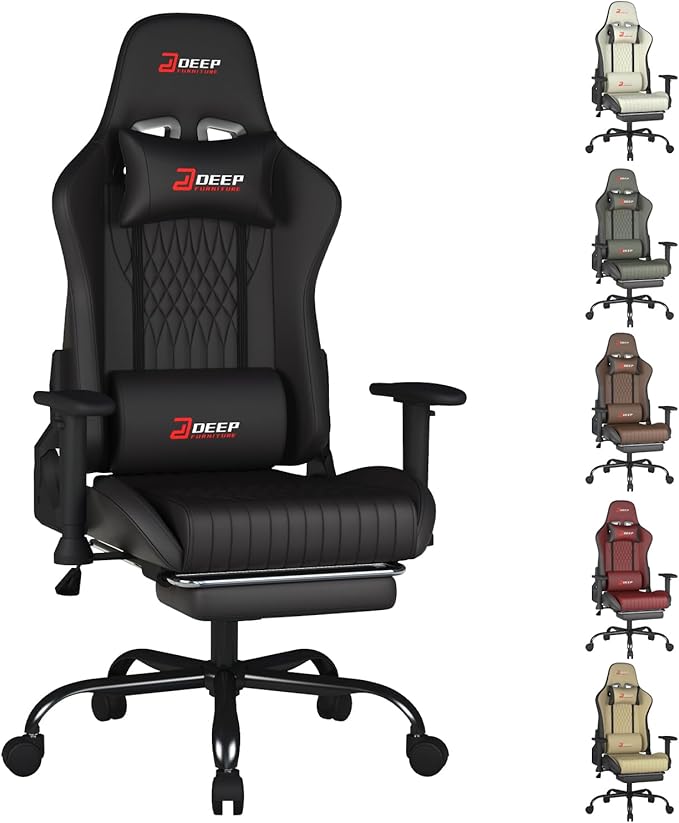 Video Game Chair with Footrest Ergonomic Gaming Chair Comfortable Office Chair Height-Adjustable 360° Swivel Base and Headrest(1002-Black)