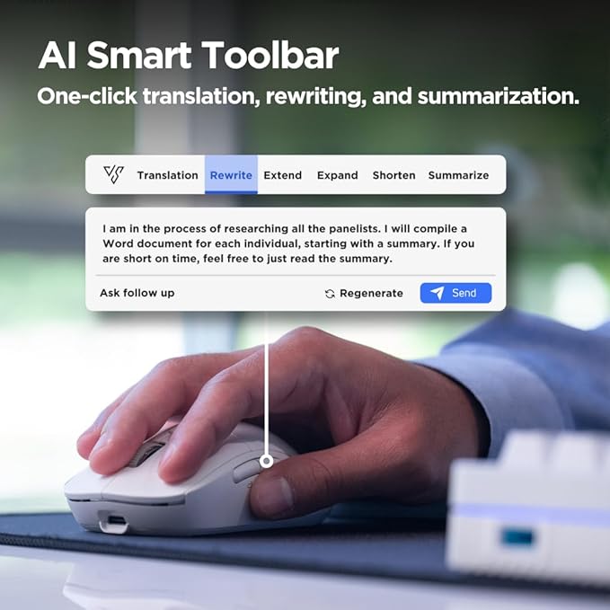 Virtusx Jethro AI Mouse - Voice &amp Audio Recorder for Lecture &amp Meeting Centralized Software with Voice Typing Writing Tools Transcribe Translate &amp Summarize Wireless Mouse for Compute