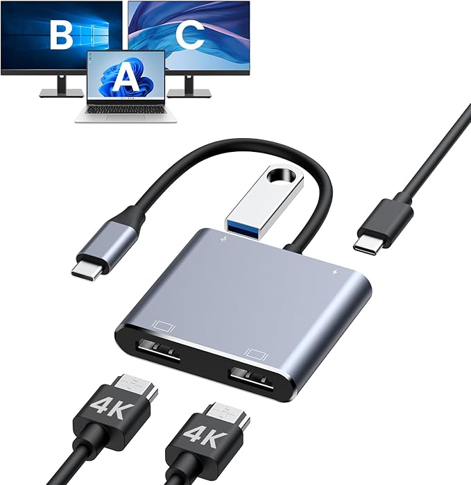 USB C to Dual HDMI Adapter 4K@60Hz HDMI Splitter for Dual Monitors Extended Display 100W PD Charging USB-A Port Windows Supports Multi-Monitor with 3 Screens macOS Limited to Mirror Mode