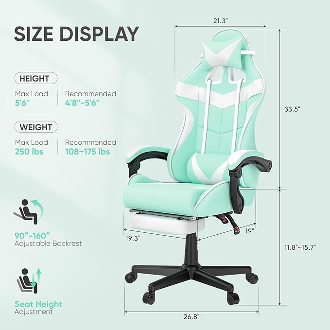 Huracan Gaming Computer Chair with Footrest Adjustable Video Game Chairs for Adults Heavy Duty Office Chair with Headrest and Lumbar Support Light Green