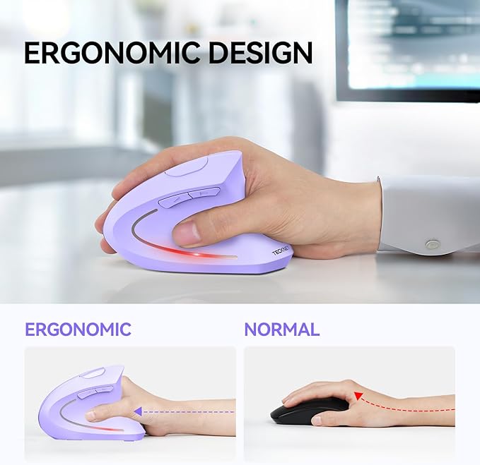 TECKNET Ergonomic Mouse Wireless Bluetooth Vertical Mouse 4800 DPI Optical Tracking 6 Adjustable DPI Quiet Clicks 2.4GHz with USB A Receiver 12 Months Battery 6 Buttons Wide Compatibility