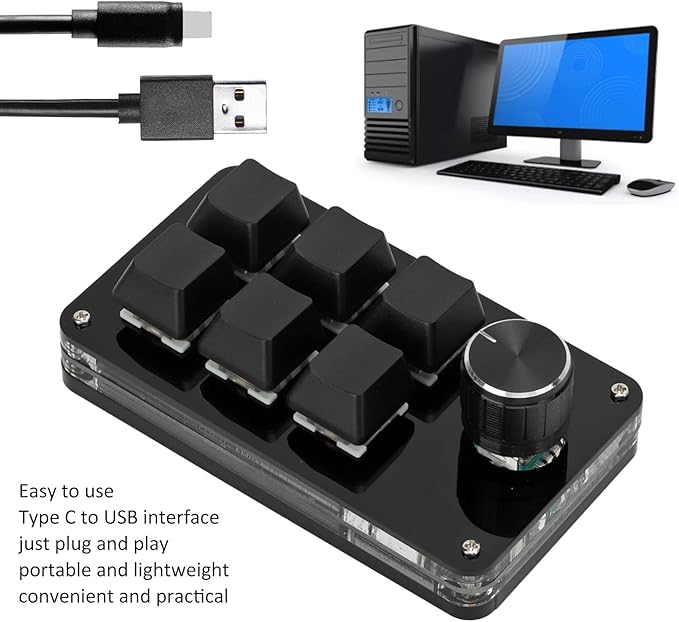 Mini Macro Mechanical Gaming Keyboard 6 Keys One Handed USB PC Keypad with Knob Programmable Shortcut Custom Function for Windows for VISTA(Full Black)