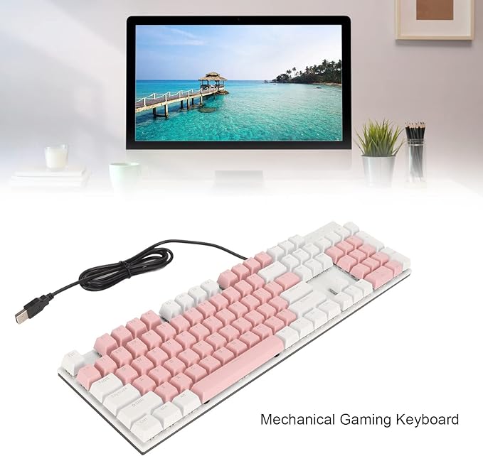 RGB Backlit 104 Keys Mechanical Gaming Keyboard USB Wired Computer Keyboard 28 Backlight Modes for Windows 2000 for Vista (Pink and White)