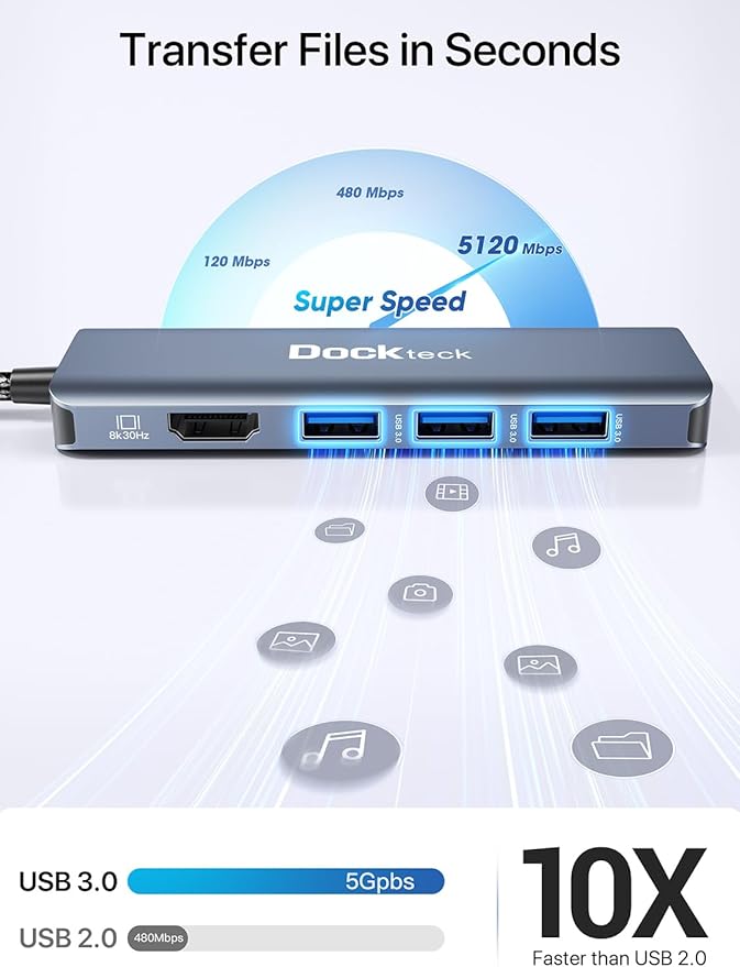 Dockteck 5-in-1 USB-C Multiport Adapter 8K HDMI 100W PD 3 x USB 3.0 for Steam Deck MacBook Pro/Air M1 iPad Pro/Air Surface Pro 7/8/X