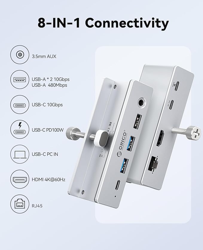 ORICO Clip Docking Station 8-in-1 Clamp USB C Hub with 4K@60Hz HDMI 100W PD Gigabit Ethernet 4xUSB Port AUX 10Gbps Clamp Docking Station for Laptop MacBook PC (Adapter Not Included)