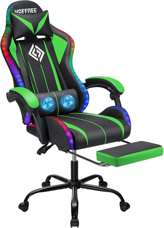 Gaming Chair Massage with LED RGB Lights and Footrest Ergonomic Computer Chair High Back Video Game Chair with Adjustable Lumbar Support Linkage Armrest Green and Black
