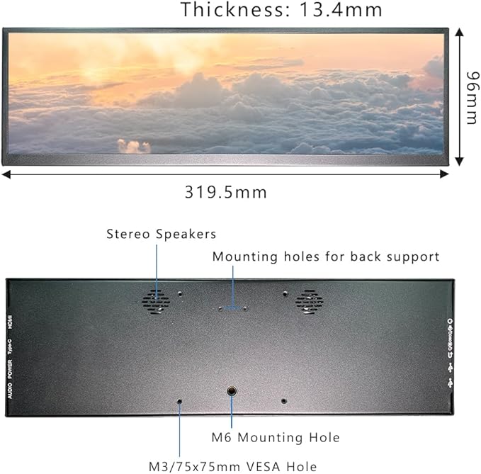 12.6 Inch Stretched Bar LCD Touchscreen Display IPS 1920x515 Small Sub Monitor Wide USB C &amp mini HDMI Monitor with Stand Dual Speakers for PC Laptop Computer