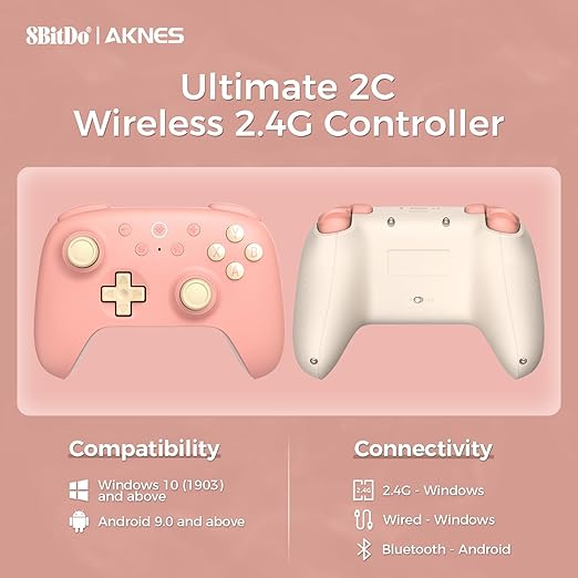 AKNES 8Bitdo Ultimate 2C Wireless 2.4G Controller for Windows PC and Android Gamepad with Hall Effect Joysticks and Hall Triggers 1000Hz Polling Rate Remappable L4/R4 Bumpers - Peach