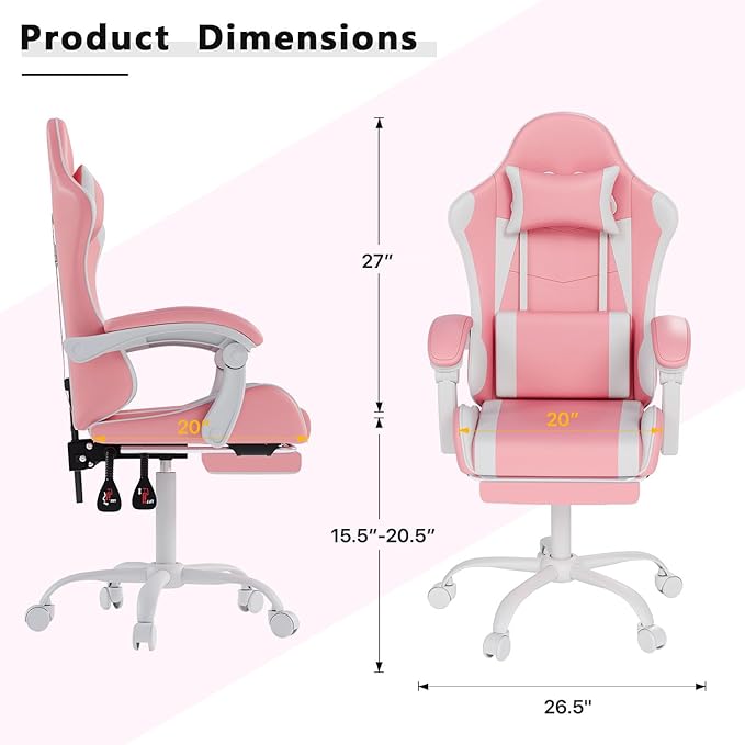 Gaming Chair with Headrest and Lumbar Support Ergonomic High Back Office Chair Racing Style Executive Computer Desk Chair Leather Adjustable Swivel Task Chair for Home Office (Pink White)