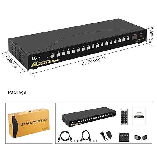 CKLau 16 Port Rack Mount USB 3.0 KVM Switch HDMI 4K60Hz with Audio Cables and 2 pcs USB 3.0 Hub for 16 Computers Sharing Single Monitor Supports Hotkey Switching