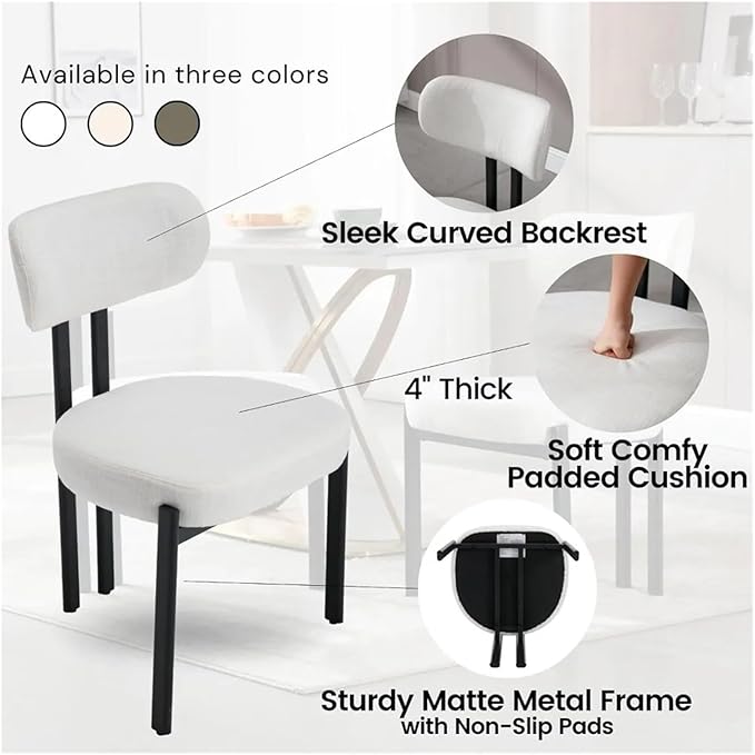Adjustable Office Computer Chair with Armrest 1pcs Linen Beige Upholstered No Armrests Dining Chairs with Black Metal Legs Curved Backrest