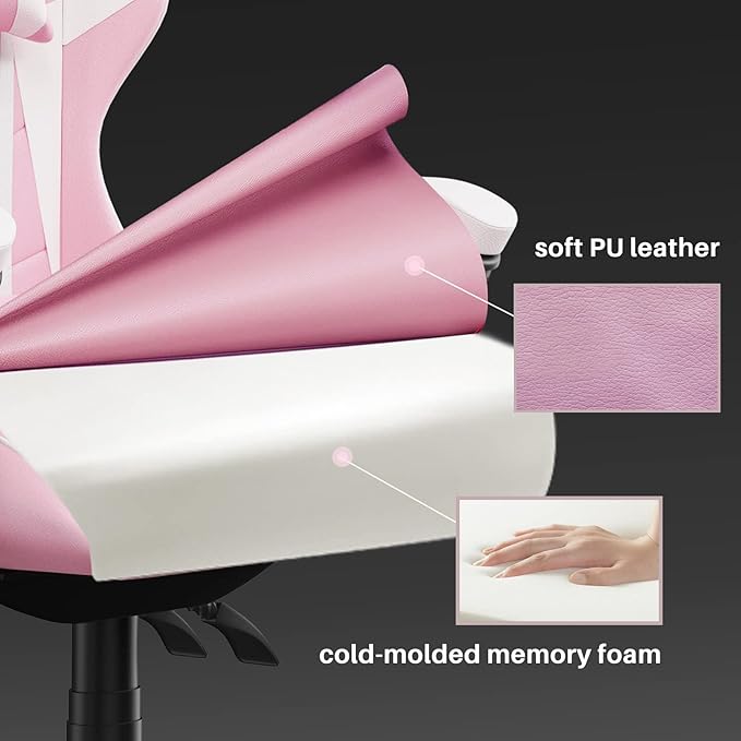 Pink Gaming Chair High Back Ergonomic Computer Gamer Chair with Headrest and Lumbar Support Racing Style Reclining Game Chair for Adults Kids