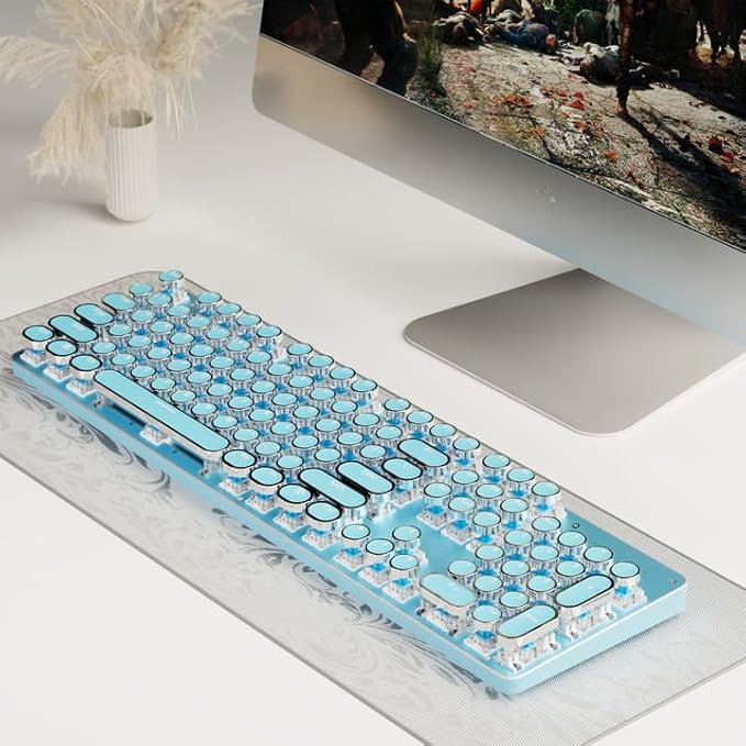 EWEADN TK950 Typewriter Keyboard Wireless Mechanical Keyboard 104 Keys Aesthetic Typewriter Keyboards with White Backlit Anti-Ghosting Blue Switch Bluetooth/2.4GHz/Wired Keyboards-Blue