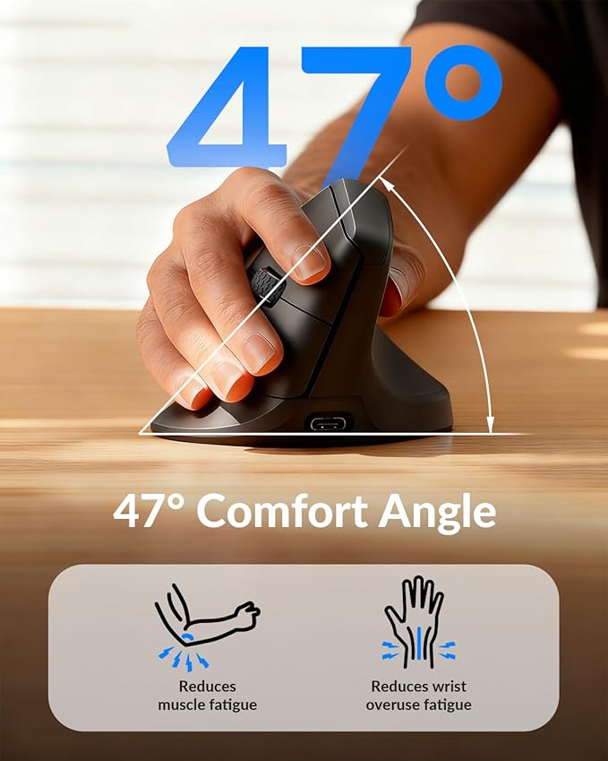 Keychron M5 8K Vertical Ergonomic Mouse Wireless 2.4 GHz/Bluetooth 5.3/Wired Computer Mice Rechargeable 5 Levels Up to 30K DPI with Programmable Buttons for Laptop macOS/Windows - Black