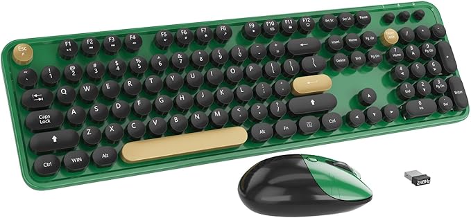 Kootop Wireless KeyboardCute Colorful 104 Keys Typewriter Retro Round Keycaps Keyboard for PC LaptopDesktopWindows Home and Office Keyboards (Black Green)