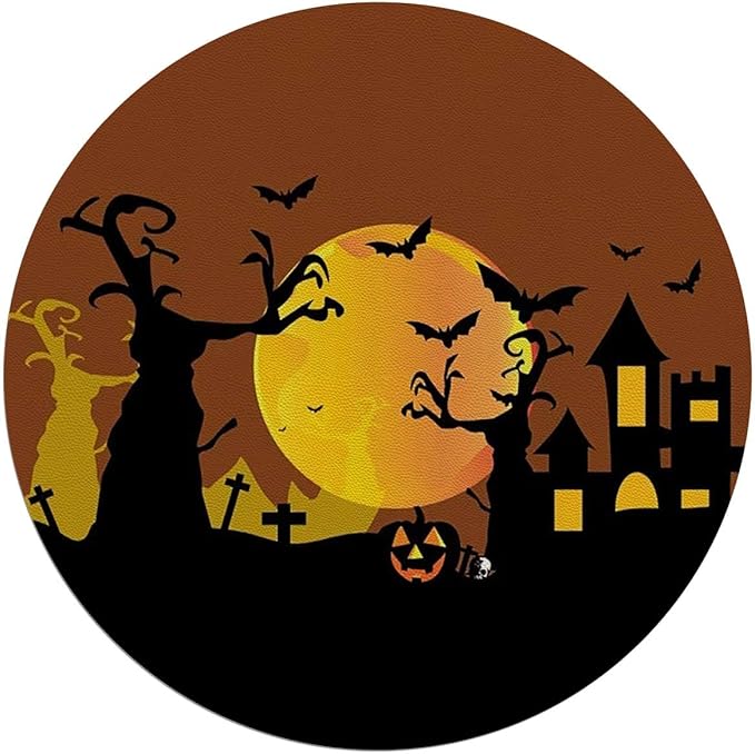 Orange Black PU Leather Chair Mat for Hard Floors Spooky Carved Halloween Floor Mats Wood/Tile Protection Mat for Office &amp Home Halloween Diameter 39.4 in